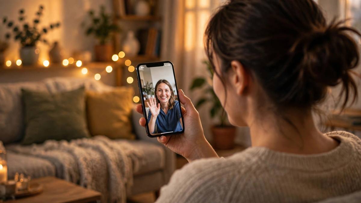 Woman enjoying a random video chat with a stranger on her phone at home