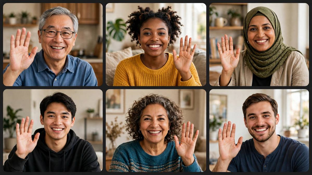 Diverse group of people waving on a group video chat — meet strangers online worldwide