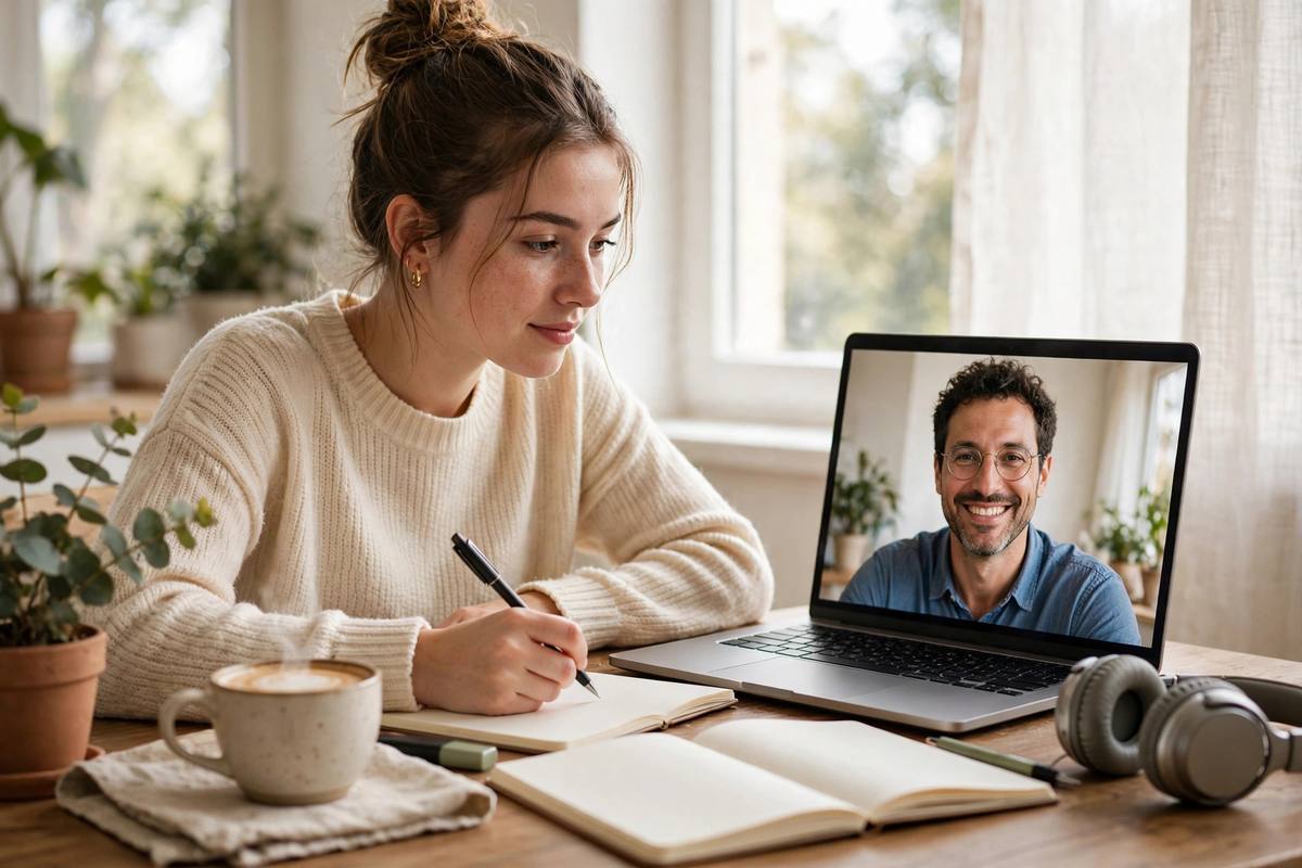 Woman practicing Spanish with a tutor over video chat — learn languages talking to strangers