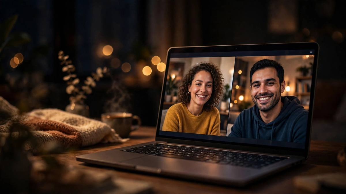 Laptop glowing with a friendly video call — try VidChat free random video chat